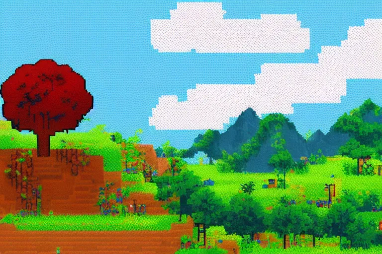 Prompt: landscape, summer, morning, beautiful cloud, quiet, no people, trending on artstation, trending on deviantart, pixelart, pixelperfect, pixel art, pixel, art of angrysnail