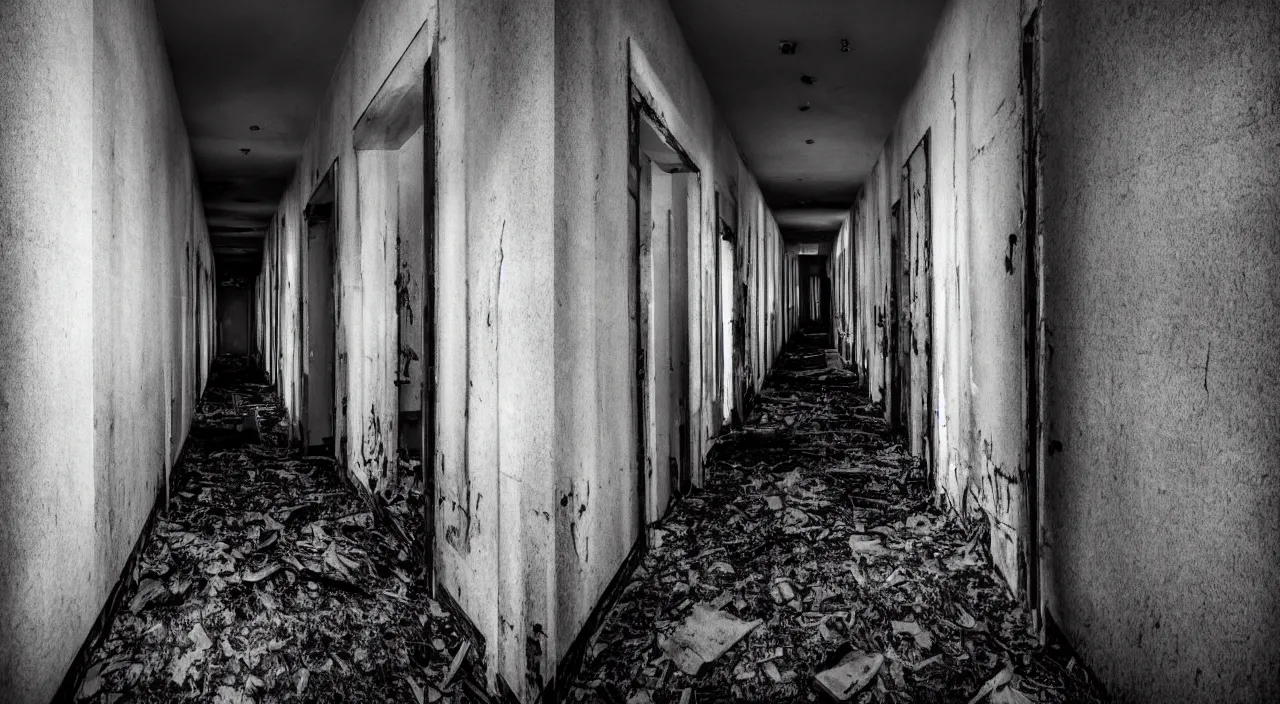 Prompt: unnerving dark 4 k photograph of a long creepy hallway of an abandoned hospital with a checkered floor, crime scene, horror