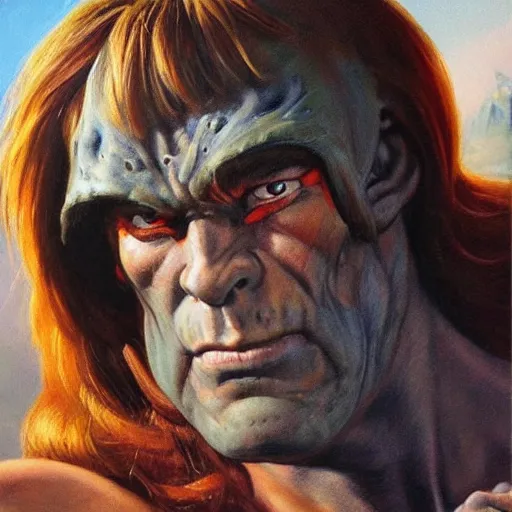 Prompt: ultra realistic portrait painting of he - man, frank frazetta, 4 k, ultra realistic, highly detailed, epic lighting