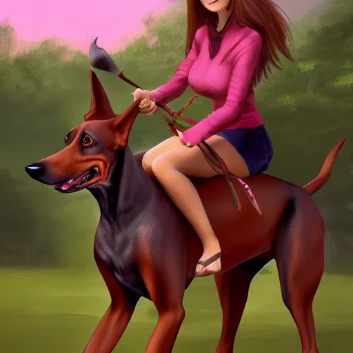 Image similar to girl riding a giant doberman in the park, trending on artstation