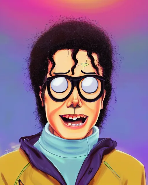 Image similar to portrait of michael jackson in the style of justin roiland. cinematic lighting. style of rick & morty. photographic, photography. by justin roiland