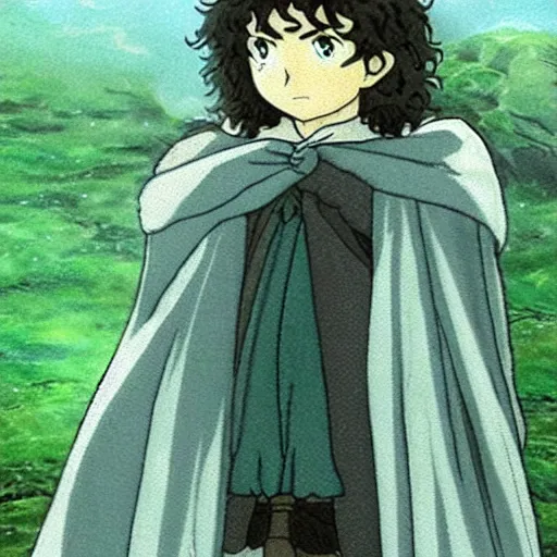 Image similar to peregrin took from the anime lord of the rings (1986), dark hair, green cape, hobbit, studio ghibli, very detailed, realistic