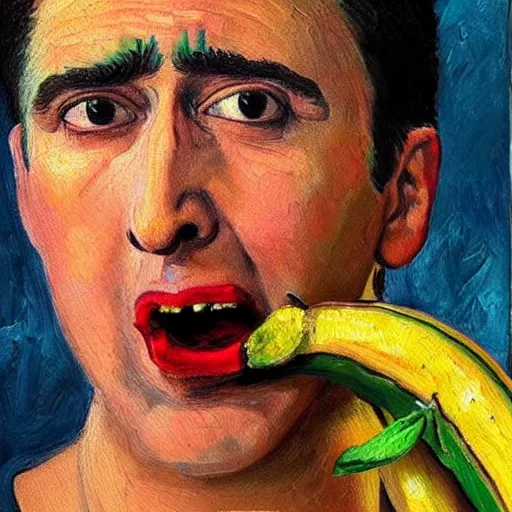 Prompt: highly detailed oil painting of nicolas cage eating a banana, 4 k, in the style of frida kahlo, van gogh, monet, picasso and dali