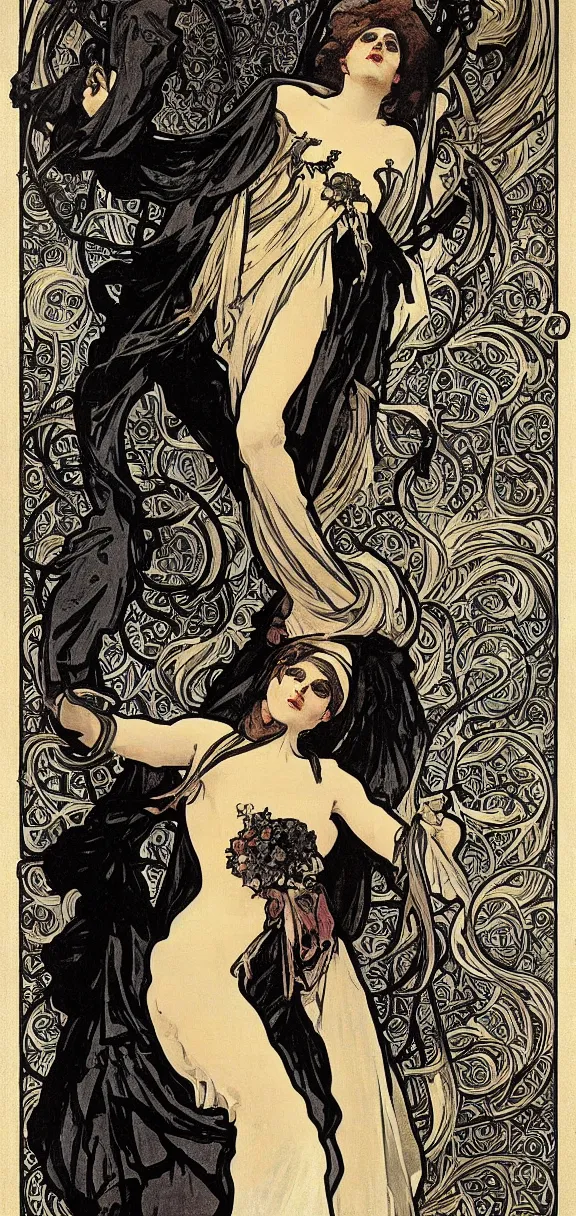 Image similar to death pointing at the screen, skull and black robes, Alphonse Mucha