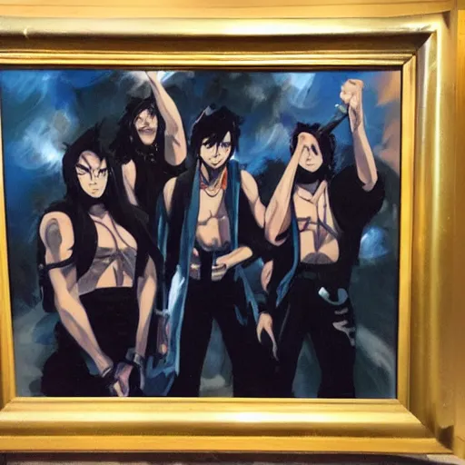 Prompt: greg manchess painting of an anime metal band photo, direct flash photography at night, film grain