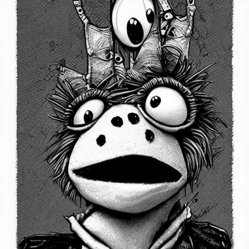 Image similar to michael karcz punk grunge cartoon drawing of kermit the frog. , in the style of corpse bride, loony toons style, horror themed, detailed, elegant, intricate