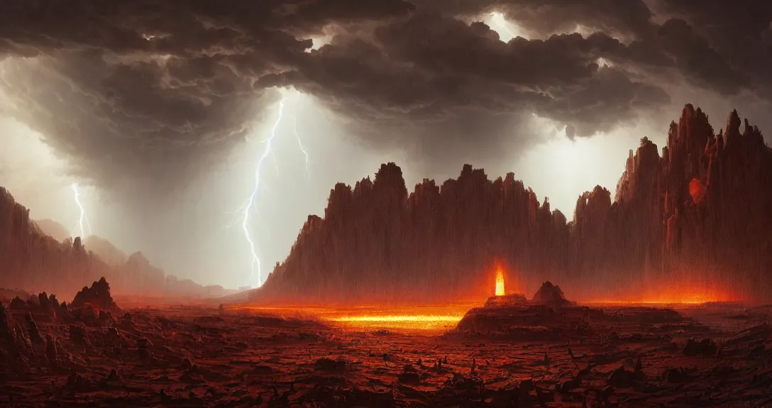 Image similar to an epic colossal scene in a forgotten ancient city of demigods from the exoplanet Gliese 581c on a harsh alien desert, by Nathan Dane Clarke, by Bruce Pennington, masterpiece, cinematic composition, aesthetic, dynamic, beautiful, detailed, beautiful lighting, stormy weather, thunder, volumetric dark clouds, heavy acid rain, 8K, no frames, rtx on, HDR radiance