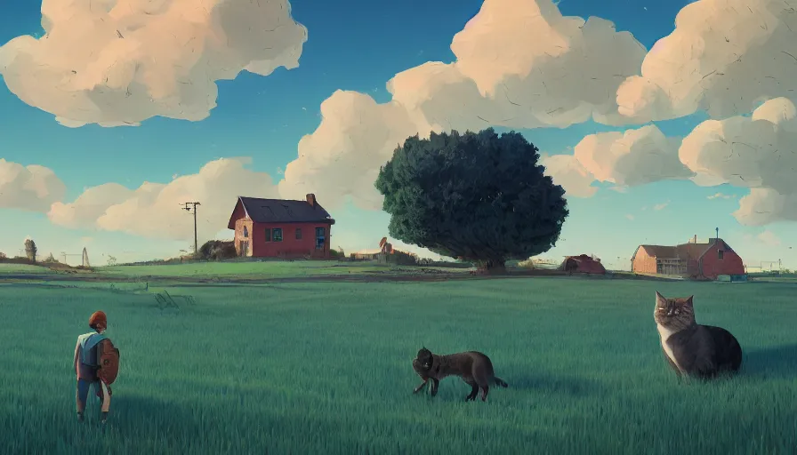 Image similar to gigantic cat next to the small house, wheat field harvesting, big tree, person, matte painting, art station, blue sky, simon stalenhag