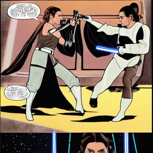 Image similar to princess leia fighting darth vader in a lightsaber battle