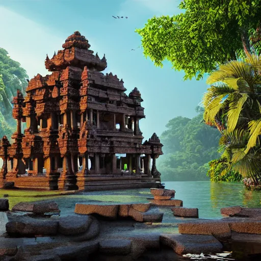 Image similar to 4 k unreal engine render of an ancient never seen before indian high detail temple islands. complex architecture with intricate pilars. high detailed water. jungle background. afternoon light. hyper realistic render, trending on art station