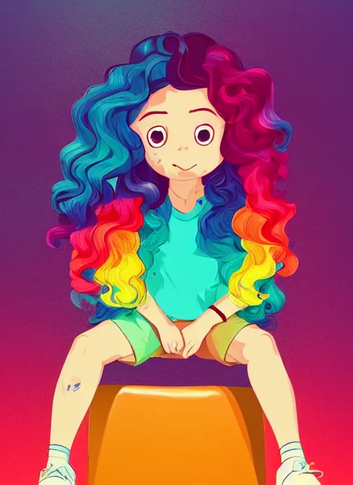 Image similar to a little girl with wavy curly rainbow hair sitting in an armchair. clean cel shaded vector art. shutterstock. behance hd by lois van baarle, artgerm, helen huang, by makoto shinkai and ilya kuvshinov, rossdraws, illustration, art by ilya kuvshinov