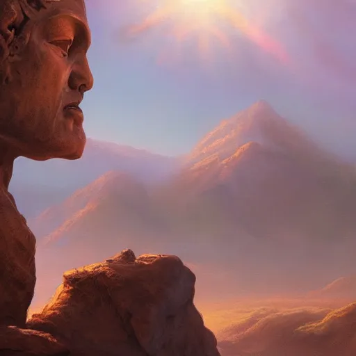 Prompt: highly detailed professional painting of ancient monumental alien bust in mountains trending on artstation, ultra detail, atmospheric lighting
