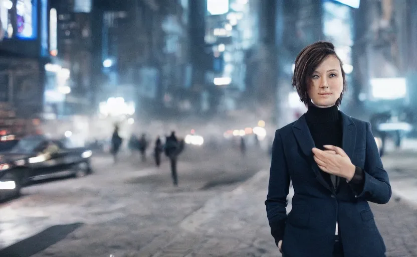 Image similar to a wide shot of a woman with a wool suit, very short hair, blurred face, wearing an omega speedmaster on her wrist in front of a crowded dystopian city full of people walking at night with fog and cyberpunk lights