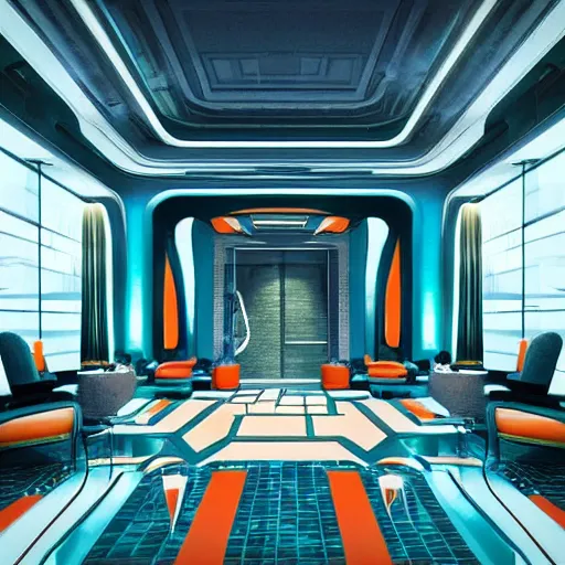 Prompt: futuristic hotel lobby, hyper detailed, digital art, trending in artstation, cinematic lighting, teal and orange