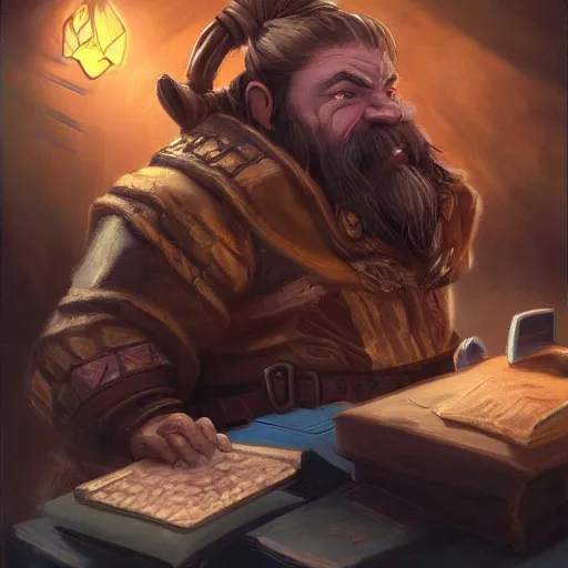 Prompt: A dwarf using a computer, artwork by World of Warcraft Direction Art, detailed, dynamic, cinematic composition