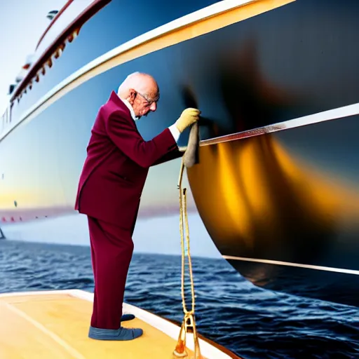 Image similar to wrinkled hunchbacked old man in musty burgundy suit, polishing painting the side of a huge gold plated mega yacht with a cloth, maintenance photo