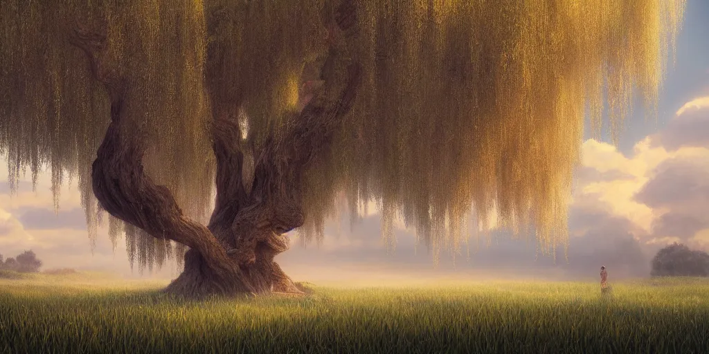 Image similar to A highly detailed matte oil painting of a willow tree, hyperrealistic, cinematic, breathtaking, beautiful composition, Mokoto Shinkai, Studio Ghibli, Dan Mumford, James Jean, volumetric lighting, octane render, 4K resolution, trending on artstation