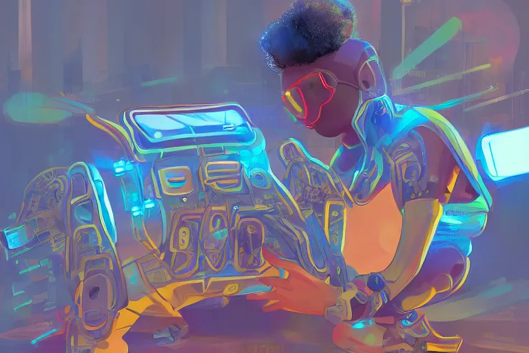 Prompt: a black kid playing with a futuristic robot in the nature, mixing solarpunk, afropunk, cyberpunk, ( ( ( ( volumetric light ) ) ) ), high angle, part by pearl fryar, part by prince damah, sunny day, trending on artstation, cinematic view, illustration, painting.