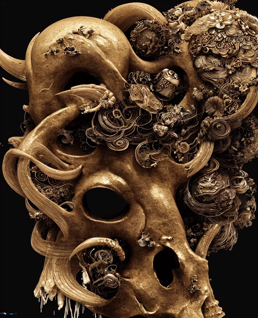 Image similar to goddess princess face close-up portrait ram skull. sculpture made of black clay and gold. jellyfish phoenix head, nautilus, orchid, skull, betta fish, bioluminiscent creatures, intricate artwork by Tooth Wu and wlop and beeple. octane render, trending on artstation, greg rutkowski very coherent symmetrical artwork. cinematic, hyper realism, high detail, octane render, 8k