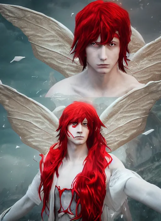 Image similar to An epic fantasy comic book style portrait painting of a young fairy boy with red wings, pointy red hair, white glowing eyes, red long hair red coat. Unreal 5, DAZ, hyperrealistic, octane render, cosplay, RPG portrait, dynamic lighting