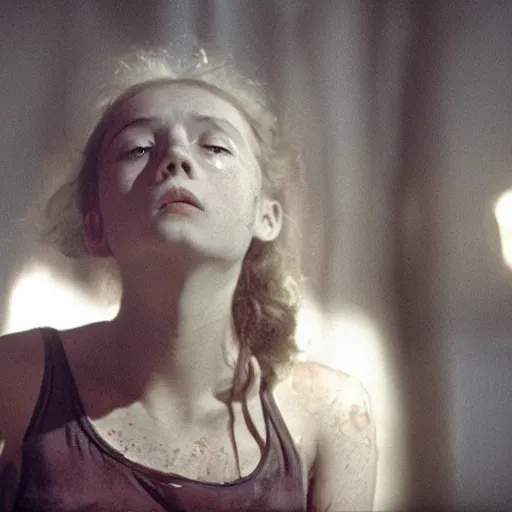 Image similar to film still of a young female decaying with the thought of her life ahead of her, despondent, waiting in search of some other place, moonlit night, cinematography by sven nykvist