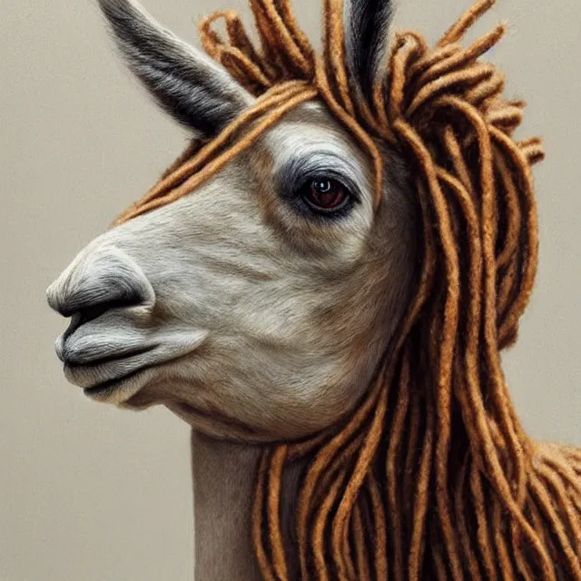 Prompt: llama with dreadlocks, by mandy jurgens, james jean