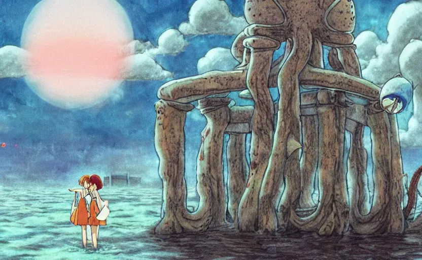 Image similar to a realistic cell - shaded studio ghibli concept art from paprika ( 2 0 0 6 ) of a flying multi - colored octopus from close encounters of the third kind ( 1 9 7 7 ) and grey fairy meditating in a flooded stonehenge on a misty starry night. very dull colors, wide shot, hd, 4 k, hq