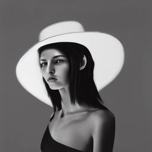 Image similar to black and white centered close-up of fashion model girl in wide white hat, hyperrealism oil painting