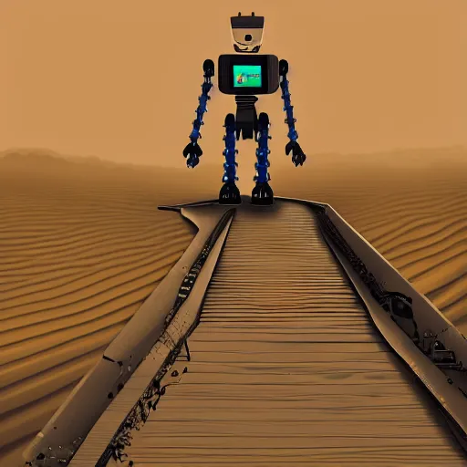Prompt: a far away view of robot walking through the desert with a destroyed bridge in the distance, beautiful digital art, hand - drawn, 8 k