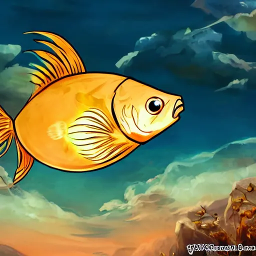 Prompt: esteemed ancient fish golden, anime style