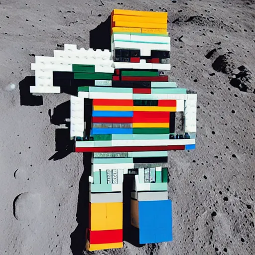 Prompt: squared head rooster building a man made of legos on the moon