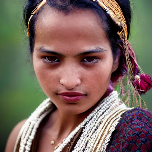 Image similar to vintage portrait of a stunningly beautiful nepali female, dark eyes, dark hair, olive skin, depth of field, zeiss lens, detailed, symmetrical, centered, fashion photoshoot, by edward s curtis, Annie Leibovitz and Steve McCurry, David Lazar, Jimmy Nelsson, Breathtaking, 8k resolution, extremely detailed, beautiful, establishing shot, artistic, hyperrealistic, beautiful face, octane render