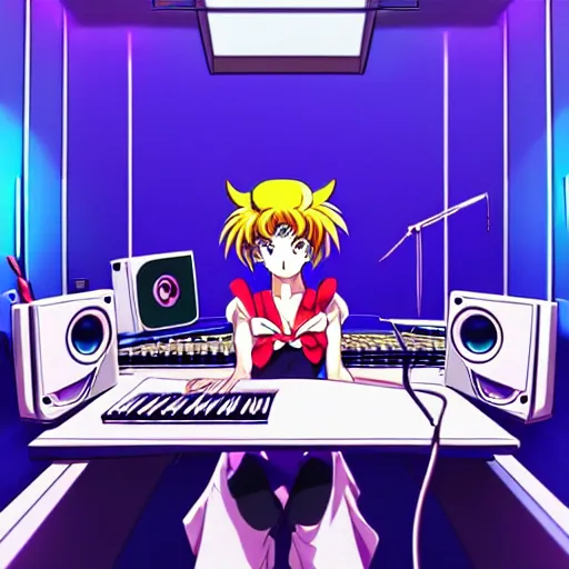 Image similar to An anime character working in their music studio. 90s anime, Sailor Moon, Neon Genesis, official art, flat cell shading, fantastic screenshot art, trending on artstation