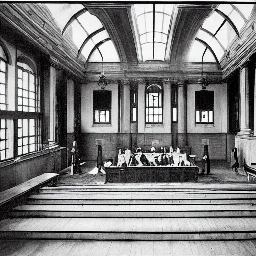 Image similar to an image of a civic civil court, in a medium full shot, russian and japanese mix, high - key lighting, warm lighting, overcast flat midday sunlight, a vintage historical fantasy 1 9 1 5 photo from life magazine, professional cooperate, the new york times photojournalism.