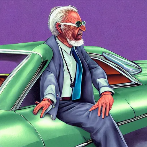 Prompt: highly detailed old man in car holding gun gta vice city art,, fantasy art by stephen bliss