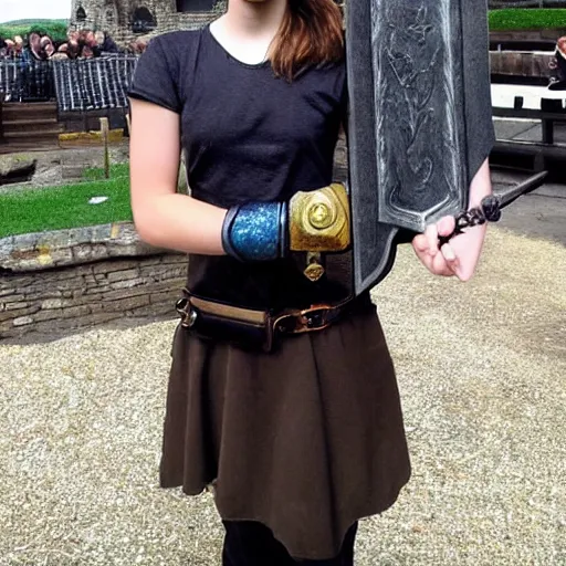 Image similar to Emma Watson holding a real life armadyl godsword from Runescape