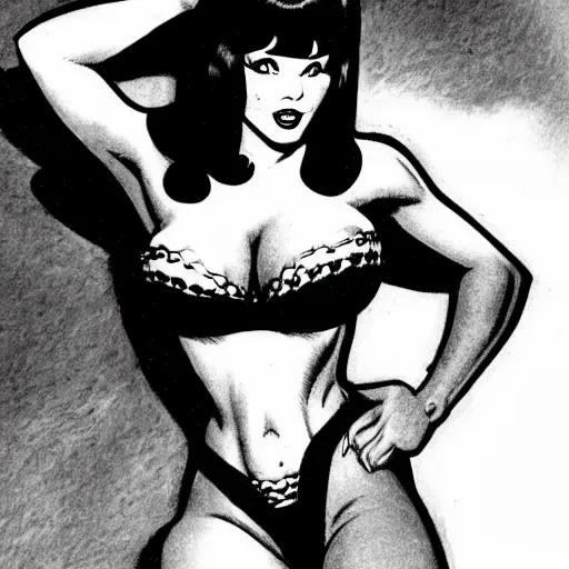 Image similar to bettie page in a vampirella micro bikini in the style of guido crepax