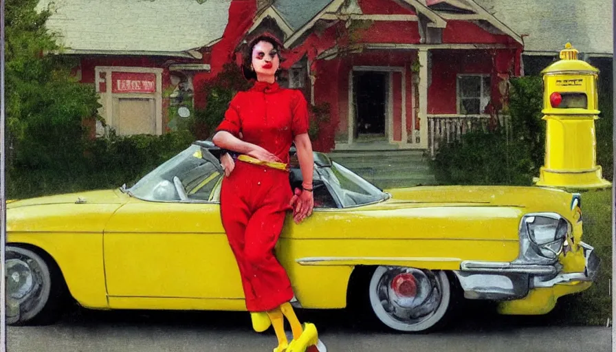 Image similar to a picture of a yellow-car parked next to a red-hydrant with a STYLISH! woman leaning against the car, BEUTIFUL!, surreal, in style of TOM BAGSHAW, painted by Norman Rockwell and Tom Lovell and Frank Schoonover