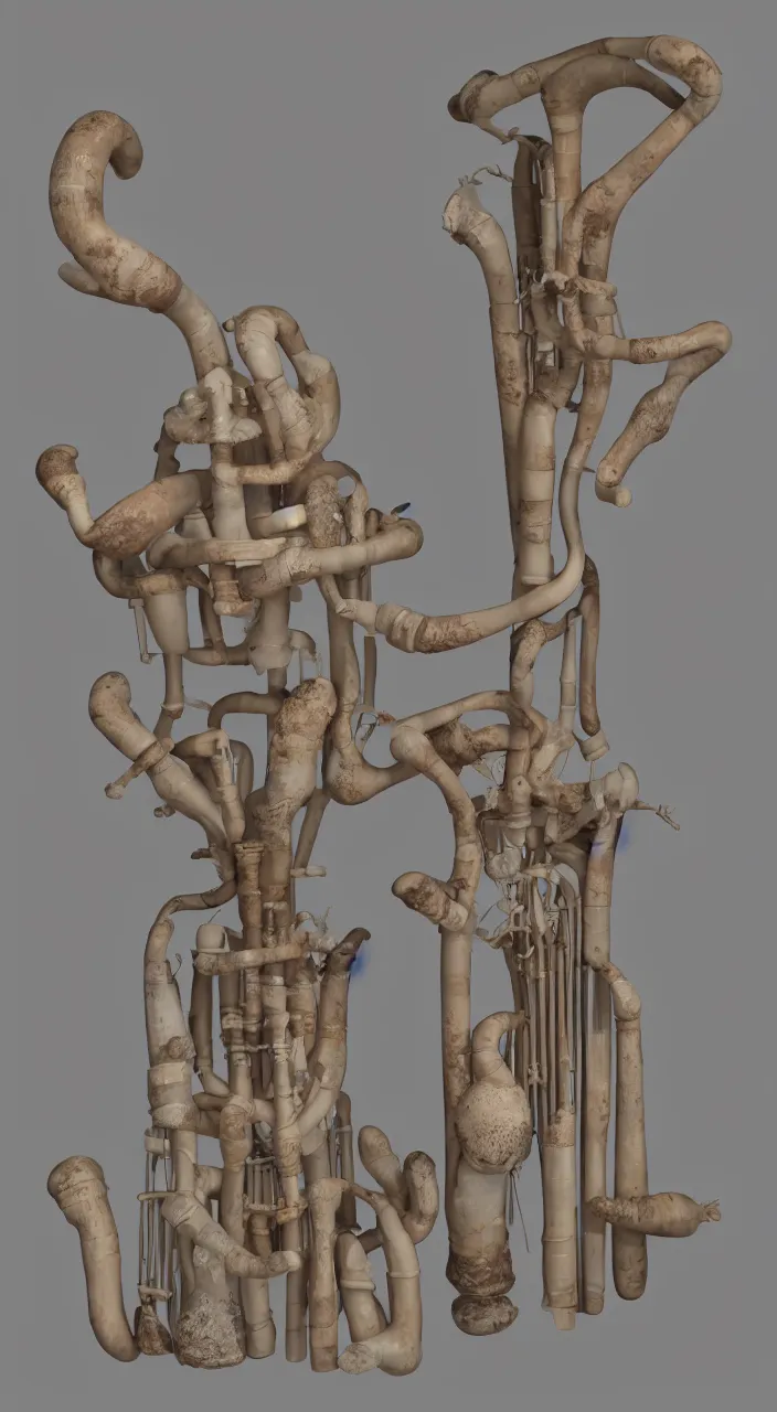 Prompt: a ceramic conn organ , dynamic lighting, chiaroscuro, amphora, larynx, oesophagus, vocal tract model, musical organ, large pipes, fungus fruiting body, mycelium, sound waves, resonance, vibration, octane, unreal engine, 8k