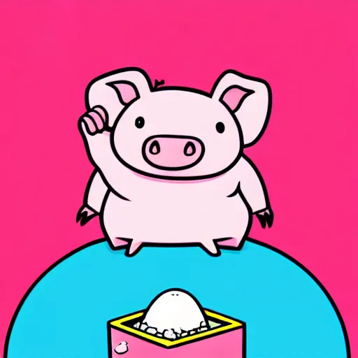 Image similar to comic art of a cute far pig sitting on pile of pink salt, drawn by Alan Moore, vivid color, cgsociety 4K