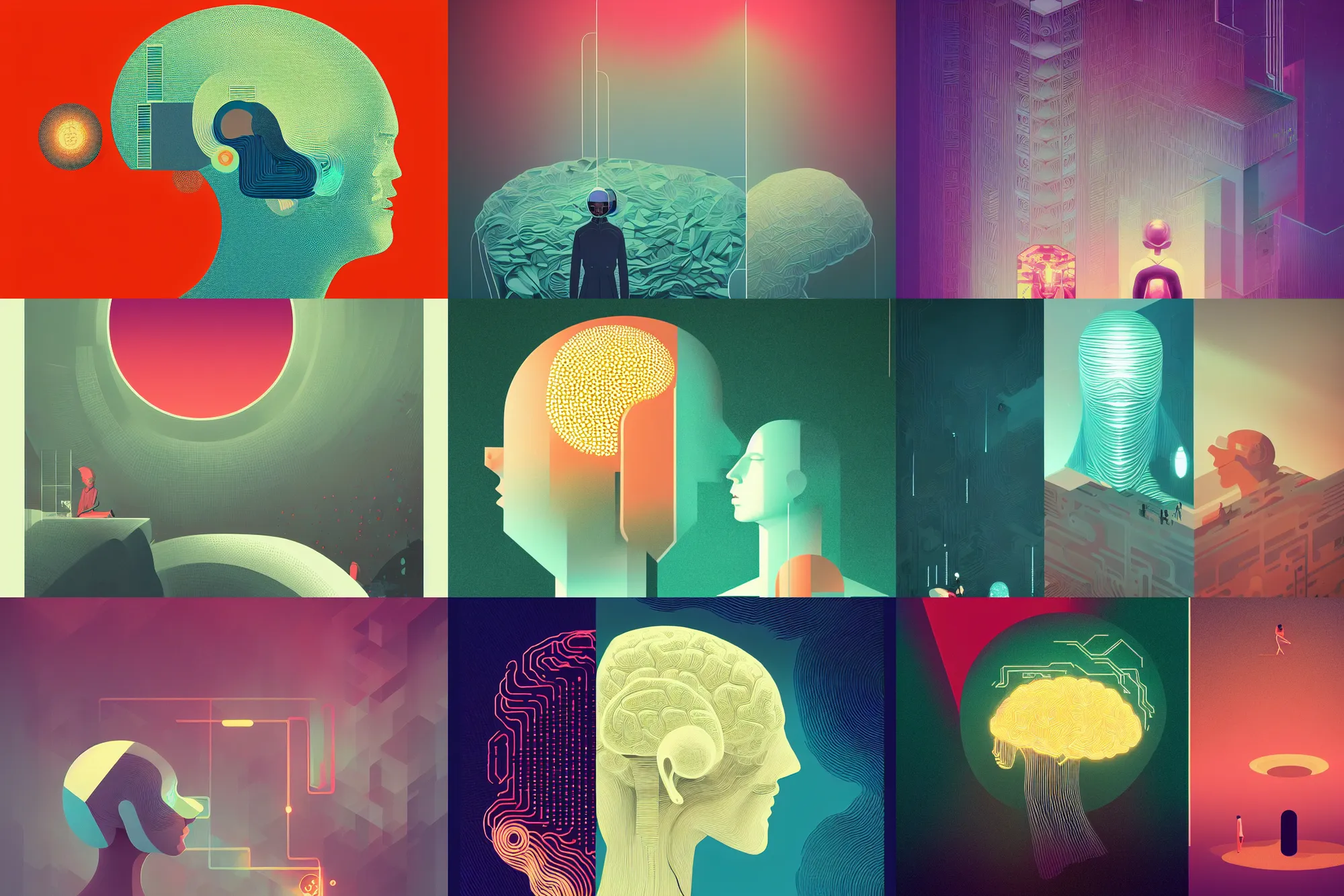 Prompt: ( ( dither ) ), editorial illustration the human brain vs the computer brain, modern art deco, ( ( mads berg ) ), christopher balaskas, victo ngai, detailed, dynamic composition, wide angle, matte print, art nouveau, karolis strautniekas, fog