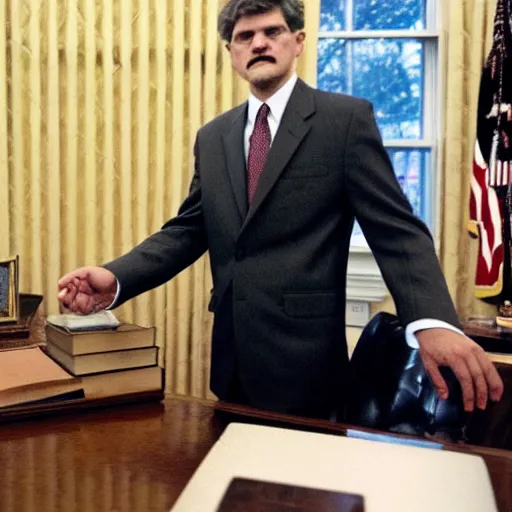 Prompt: a photograph of President ted kaczynski wearing a suit in the oval office