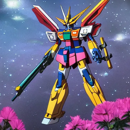 Prompt: Mamoru Nagano Gundam vibes surrounded by flowers