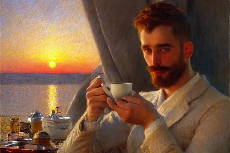 Image similar to attractive man drinking coffee, sunset, painting by gaston bussiere, carl larsson, tom of finland, trending on artstation