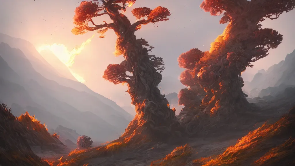 Image similar to exploding volcano, everlasting trees, pillar of ash, by sylvain sarrailh, rossdraws, ambient light, ultra detailed, fantasy artwork, 8 k, volumetric lighting, trending on artstation, award winning, very beautiful.