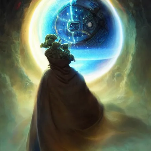 Image similar to the creator of worlds wearing a cloak and holding a holographic planet projection in his hand, detailed, sci - fi, digital painting, artstation, sharp focus, illustration, ominous, artgerm, tomasz alen kopera, peter mohrbacher, donato giancola, joseph christian leyendecker, wlop, frank frazetta