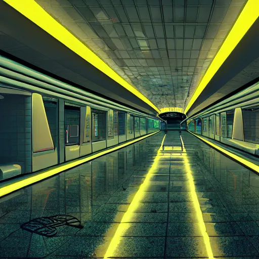 Prompt: Futuristic subway station in Japan, neon signs on walls advertising food and electronics, trash piles in corners, flickering fluorescent bulbs overhead, pools of water on cracked tile floor, cyber beggars, night, digital art, trending on artstation, realistic