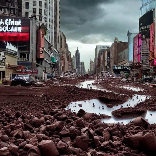 Image similar to tsunami of liquid chocolate on new york, post apocalyptic, cinematic