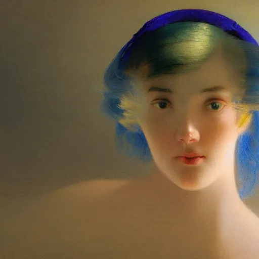 Image similar to a young woman's face, her hair is chrome and she wears an cobalt blue satin cloak, by ivan aivazovsky and syd mead and moebius and gaston bussiere and roger dean and pieter claesz and paul delaroche and alma tadema and aelbert cuyp and willem claesz, hyperrealistic, volumetric light, octane render