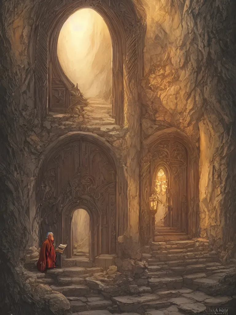 Prompt: an old wizard holding a book stands in front of an elaborate arched wooden door. stone steps lead up to the door. by mike allred and moebius and karol bak sharp digital painting. dreaming latent space. matte painting, concept art. artstation. digital render. realistic, 8 k